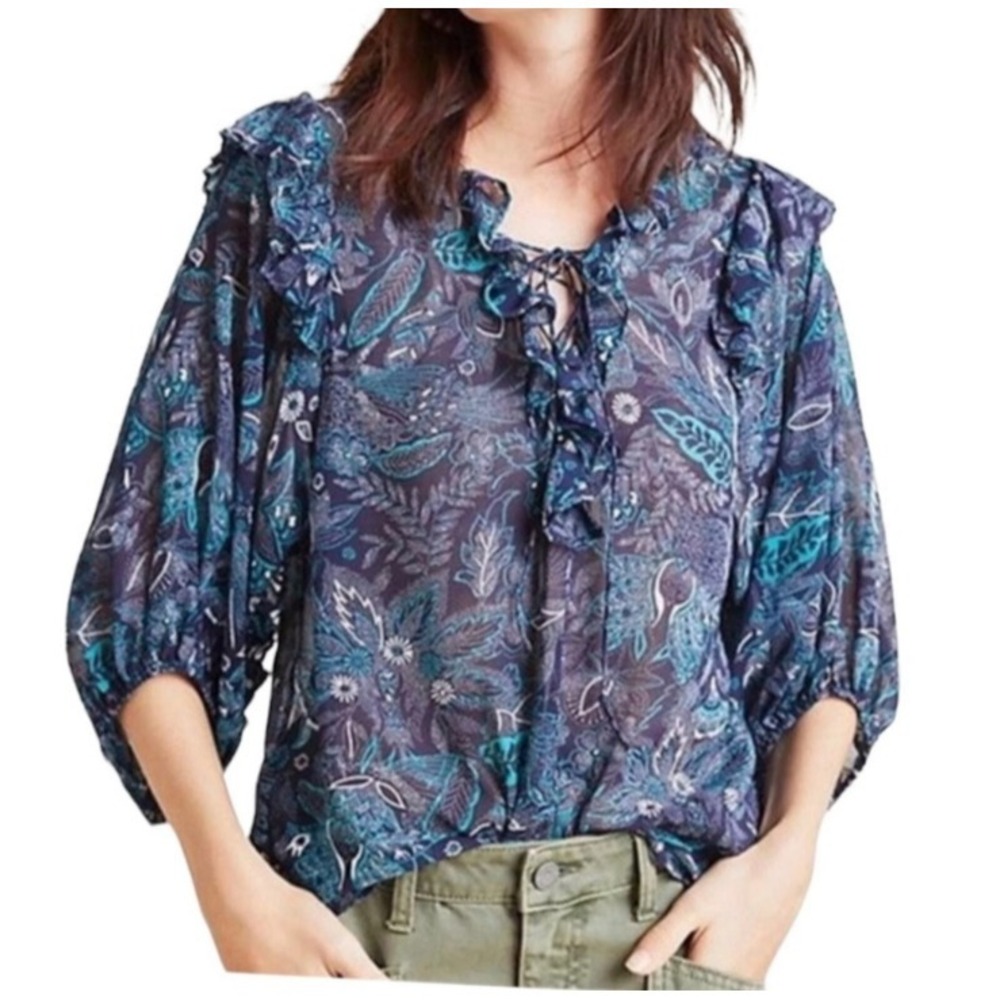 Anthropologie Haida Top Navy Chiffon Paisley Ruffles 3/4 Balloon Sleeves SZ S‎